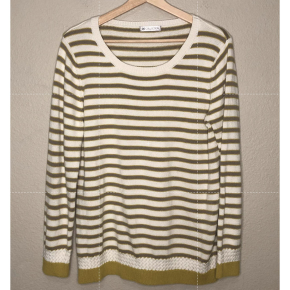 DE Collection Sweater Cream Yellow Tan Stripe Crew Neck Pullover Casual Sz Small - Picture 11 of 12
